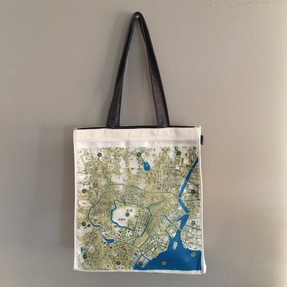 江戶老地圖手提包地圖（帆布和PVC）藍肩 第1張的照片