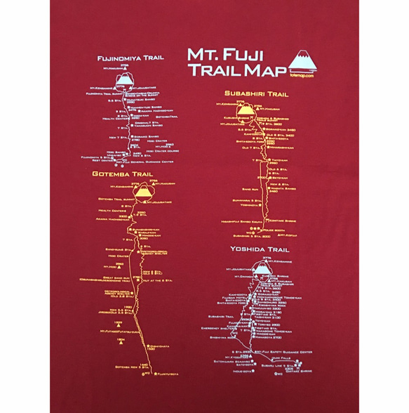富士山トレイルマップ（登山道）Tシャツ バーガンディー(S~XL) 4枚目の画像