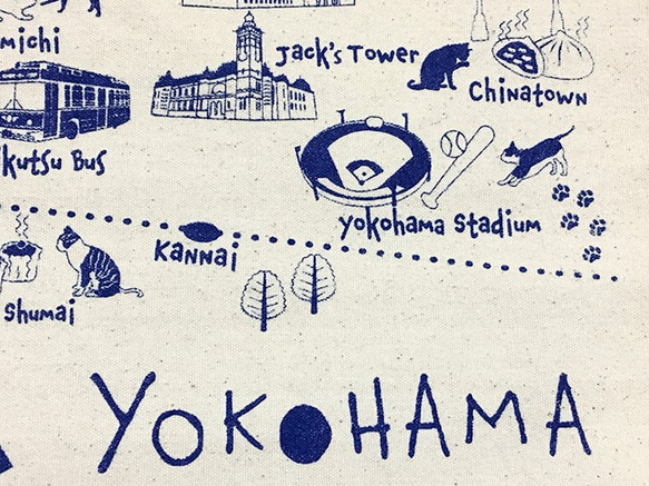 Yokohama walking cat illustration 手提包地圖（原創/海軍印刷） 第2張的照片