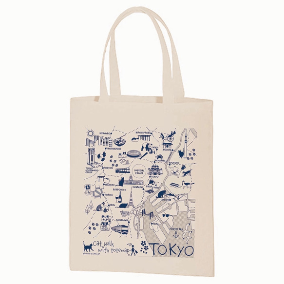 東京漫步貓插畫手提包地圖（棕色/海軍藍色印花） 第1張的照片