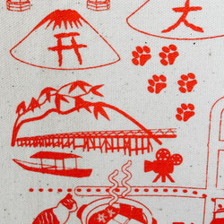 京都お散歩猫ちゃんイラストトートマップ（生成り地/朱色プリント） 5枚目の画像