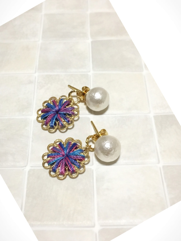 【2way】gradation flower×コットンパール ピアス 2枚目の画像