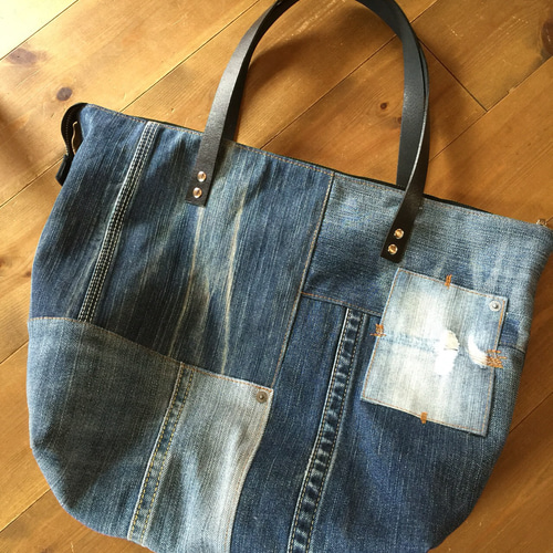 なしあめ様オーダー依頼品 デニムリメイクトートバッグ バケツ型他、全4点 No.62 【デニム👖×木目調×北欧】丸底バケツバッグ👜デニム