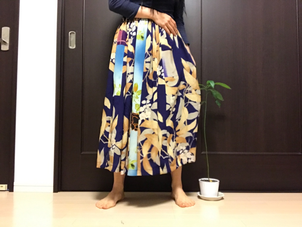 着物リメイクギャザースカート 藍色葉っぱ柄 ロングスカート