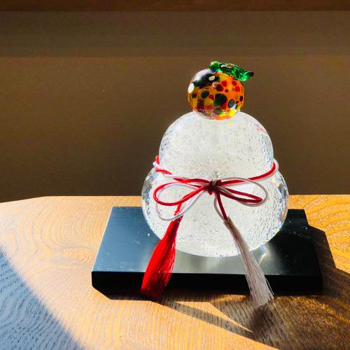 ❣️透明泡入り・大きい鏡餅×つぶつぶカラフルみかん❣️黒塗り台・箱