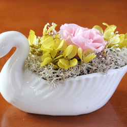 白鳥の背中に可愛いお花とリボン　プリザーブドフラワー 1枚目の画像