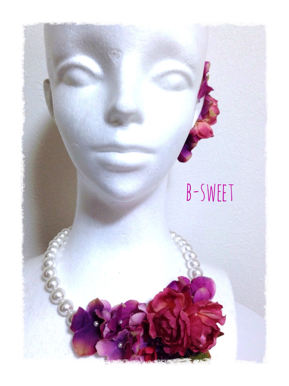 紫陽花とローズのネックレス(ピンク) 1枚目の画像