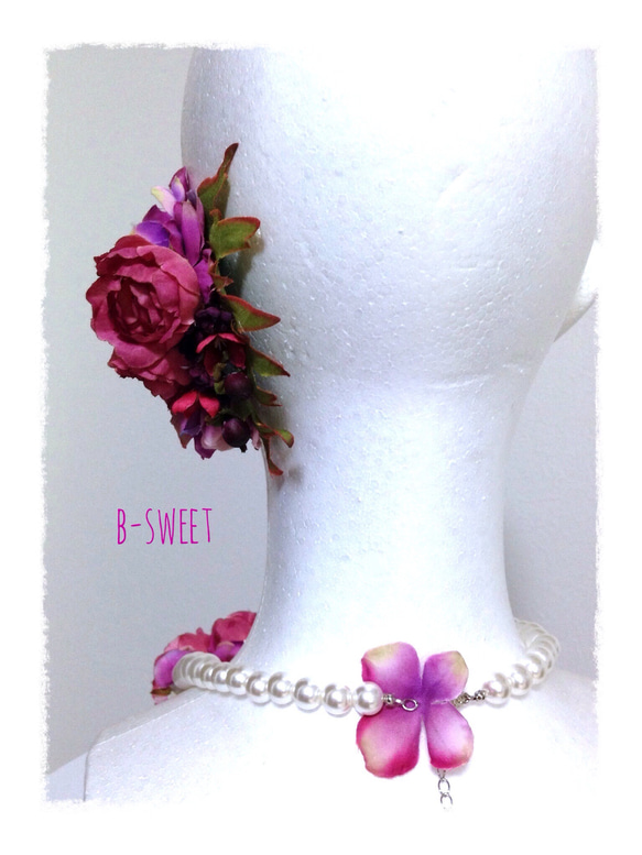 紫陽花とローズのネックレス(ピンク) 2枚目の画像