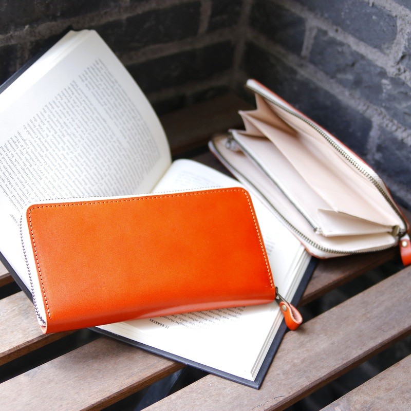 【内側までオール本革】栃木レザー ハンドメイド 長財布 ラウンドファスナー オレンジ(赤茶)