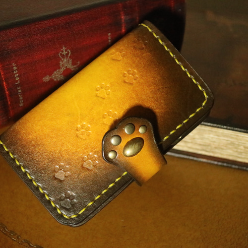 【手作り一点物】手染めのコインキャッチャー財布　青×黄茶　ハンドメイド　革財布
