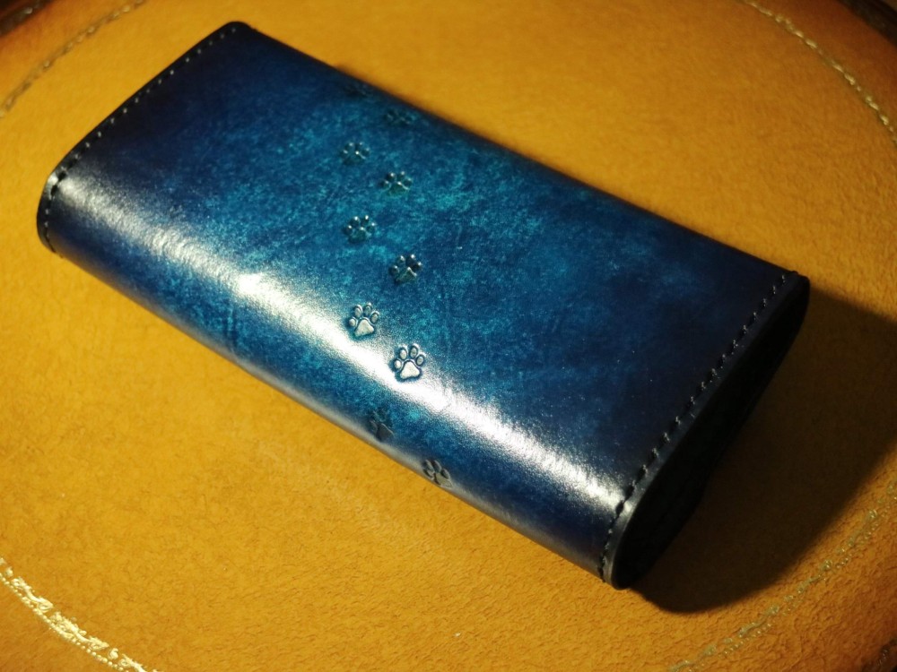 長財布☆【ブルーアンティーク染め】【猫の肉球エンブレム】 ～全５色～