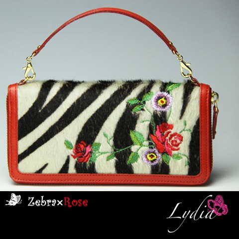 新作 ゼブラ柄 ハラコ × 牛革 ローズ 刺繍 長財布 ラウンドファスナー 持ち手付き バッグ型ウォレット