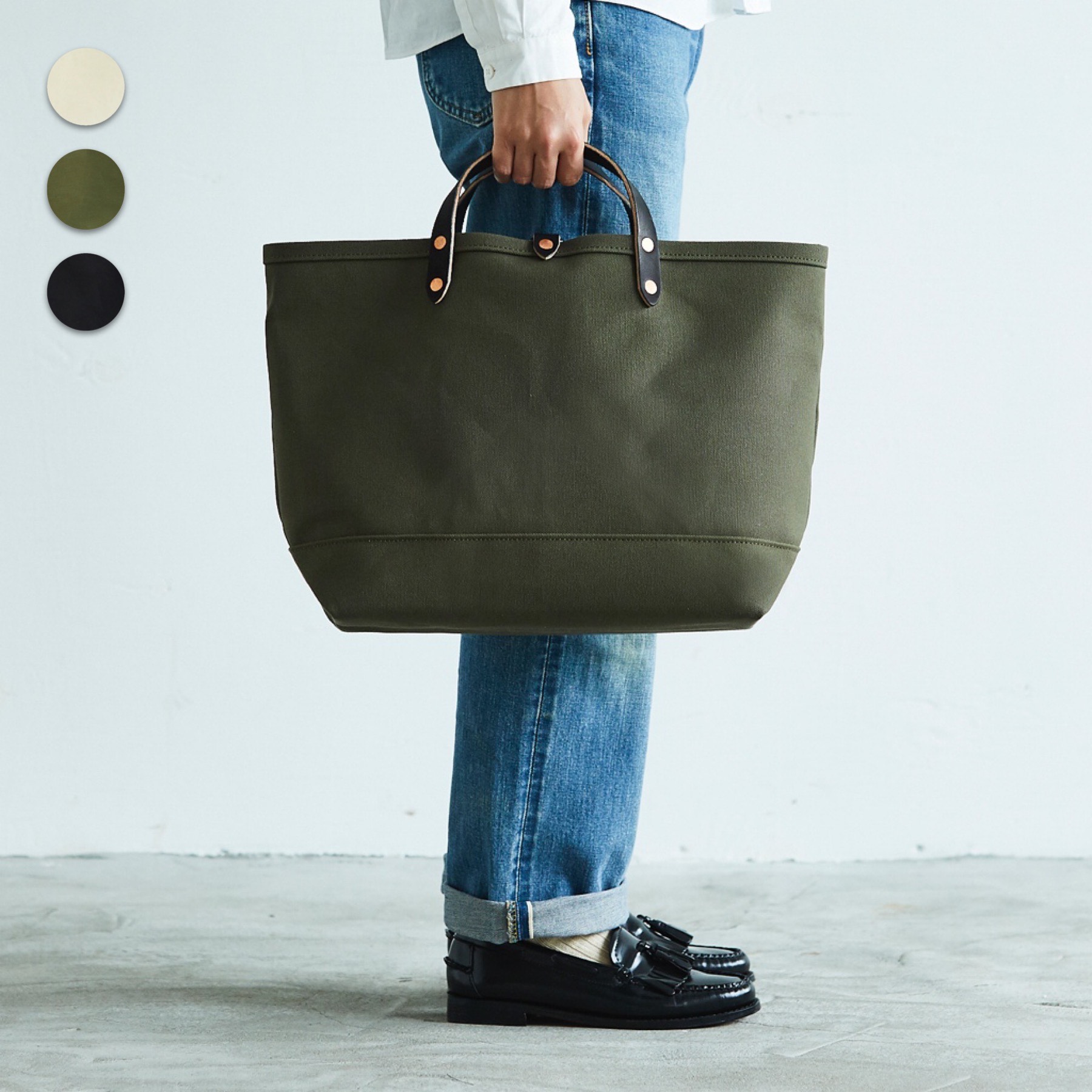 キャンバス トートバッグ オリーブ ブラック M レディース メンズ ミリタリー 黒 カーキ レザーハンドル A4 帆布