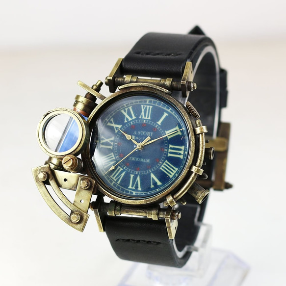 かっこいい 腕時計 電氣エンドルフィン x A STORY コラボウォッチ 真鍮 青 ローマ数字 2枚目の画像