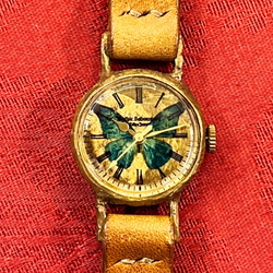 モルフォ蝶のクォーツ手巻き腕時計 世界に1つだけ。ベルト(ダークブラウン)金具金 第264回 モルフォ蝶文字盤｜kkclub