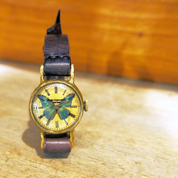 モルフォ蝶のクォーツ手巻き腕時計 世界に1つだけ。ベルト(ダークブラウン)金具金 モルフォ蝶のクォーツ手巻き腕時計 世界に1つだけ。ベルト(ダーク