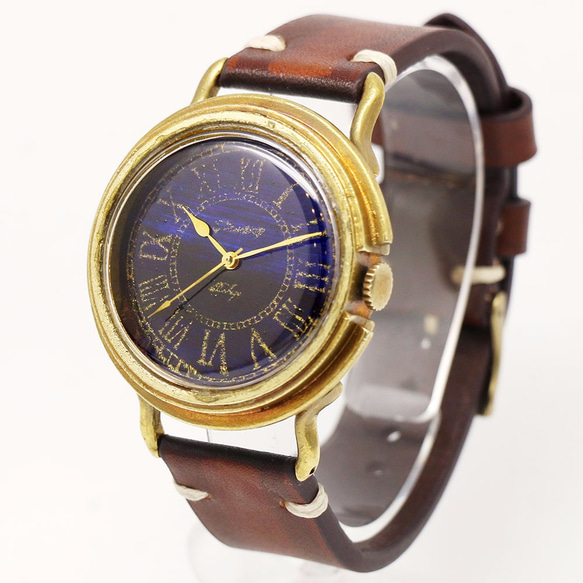 【新作】GENSO 夜明け プルシャンブルー ローマ数字文字盤SS 紺青とゴールドカラーの腕時計 3枚目の画像
