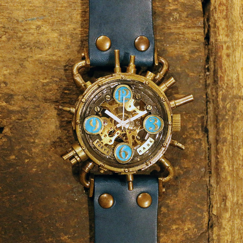 スチームパンク機械式腕時計 クロノマシーン 真鍮 ターコイズブルー