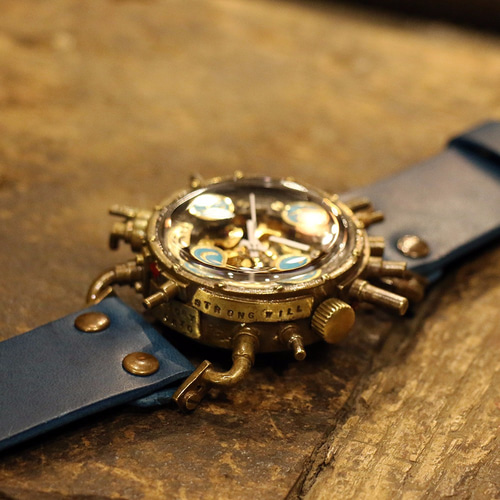 スチームパンク機械式腕時計 クロノマシーン 真鍮 ターコイズブルー