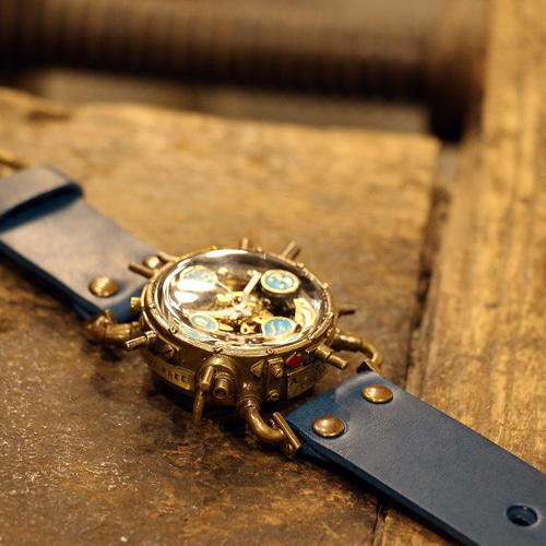 スチームパンク機械式腕時計 クロノマシーン 真鍮 ターコイズブルー