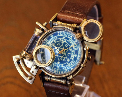 暗闇で光る！スチームパンク腕時計 ダブルレンズ 蓄光 魔法陣 文字盤