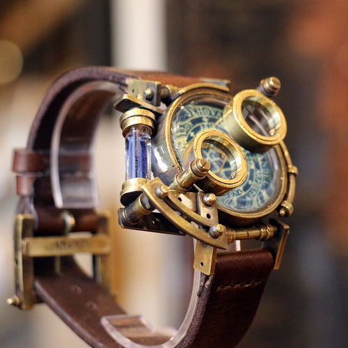 暗闇で光る！スチームパンク腕時計 ダブルレンズ 蓄光 魔法陣 文字盤