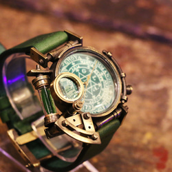 スチームパンク 腕時計 コラボウォッチ グリーン 魔法陣 蓄光 3枚目の画像