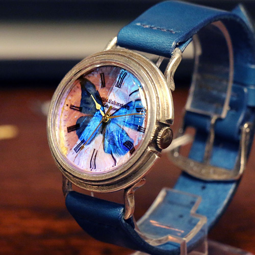 本物のモルフォ蝶の翅を文字盤にした 銀製 腕時計 Sランク L