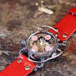スチームパンク機械式腕時計 クロノマシーン シルバー925 蓄光ピンク 自動巻 2枚目の画像