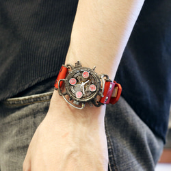 スチームパンク機械式腕時計 クロノマシーン シルバー925 蓄光ピンク 自動巻 8枚目の画像