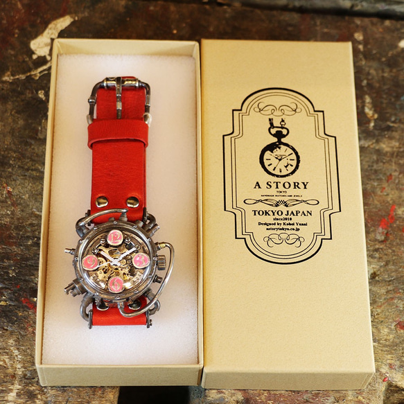 スチームパンク機械式腕時計 クロノマシーン シルバー925 蓄光ピンク 自動巻 9枚目の画像