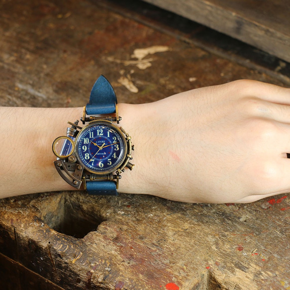 スチームパンク 腕時計 コラボウォッチ ブルー アラビア 夜光文字盤 1枚目の画像