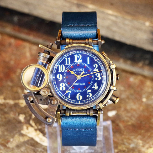スチームパンク 腕時計 コラボウォッチ ブルー アラビア 夜光文字盤 2枚目の画像