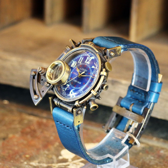 スチームパンク 腕時計 コラボウォッチ ブルー アラビア 夜光文字盤 3枚目の画像