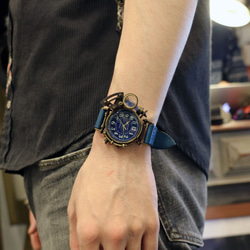 スチームパンク 腕時計 コラボウォッチ ブルー アラビア 夜光文字盤 6枚目の画像