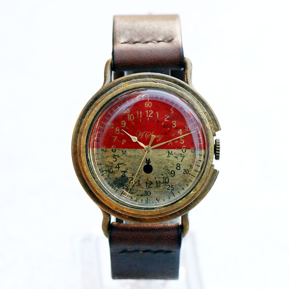 ハンドメイド腕時計 arrow Red&Brass 真鍮 バイカラー ミリタリーウォッチ デザイン 3枚目の画像