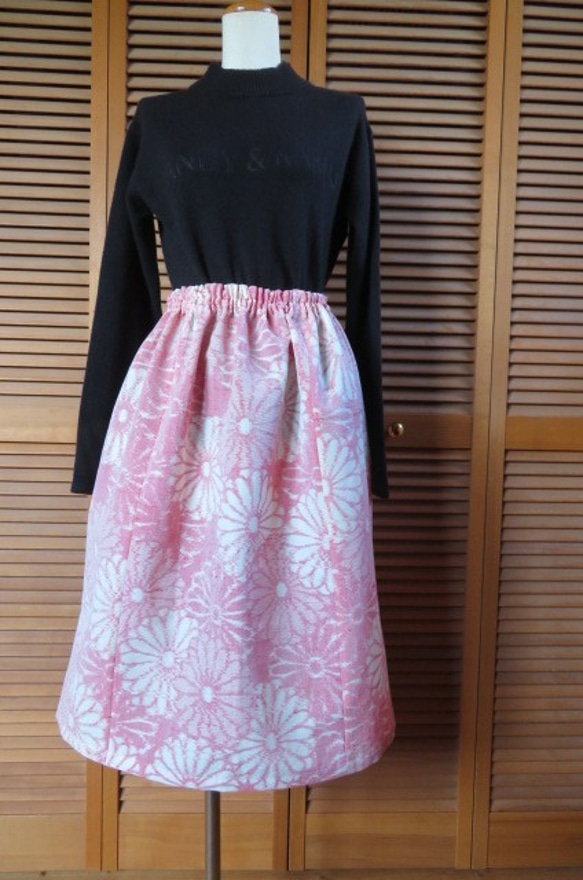 sale　サマーウール　桜色のギャザースカート　着物リメイク 2枚目の画像