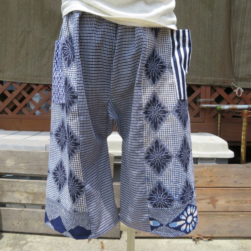ワイドパンツ 男物の浴衣をパッチ 着物リメイク キュロット・ワイド