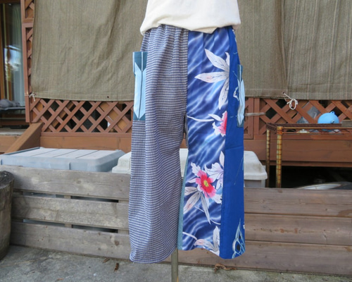 着物リメイク旗、切り替えワイドパンツ ✨帯リメイク 脇あきラップ風ワイドパンツ(重ね着タイプ