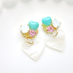 <<SALE>>ハートシェルのビジューピアス/イヤリング✿turquoise 1枚目の画像