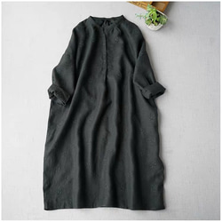 【ブラック】薄地夏用総刺繍リネン100％シンプルな大人可愛い長袖ワンピース♪ 2枚目の画像
