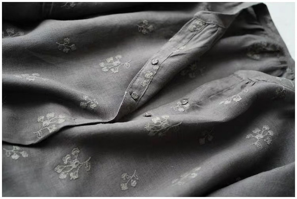 【ブラック】薄地夏用総刺繍リネン100％シンプルな大人可愛い長袖ワンピース♪ 5枚目の画像