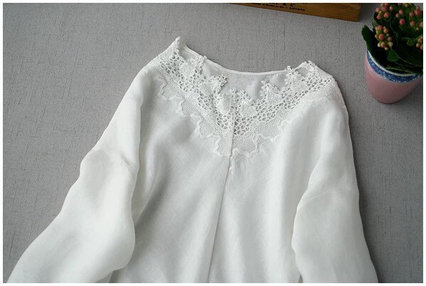 春、夏、秋リネン100%レース刺繍お洒落シンプルな大人可愛いワンピース♪