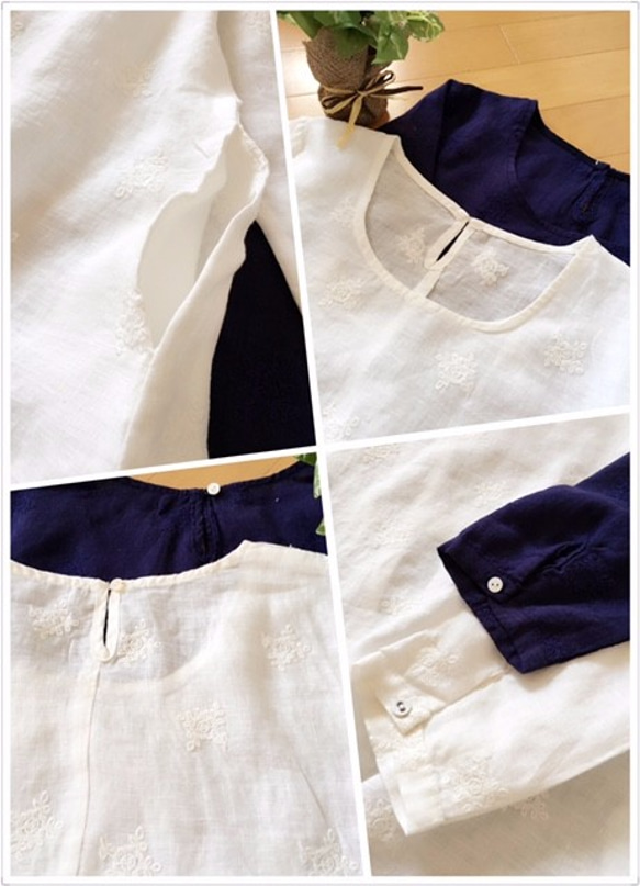 お花刺繍リネン、ポケット付Aラインシンプルな長袖チュニック 4枚目の画像