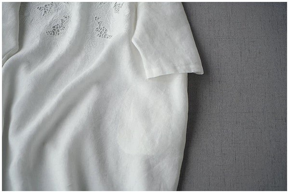 前後とも贅沢なスカラップ刺繍ポケット付リネン100％シンプル八分袖ワンピース♪ 4枚目の画像