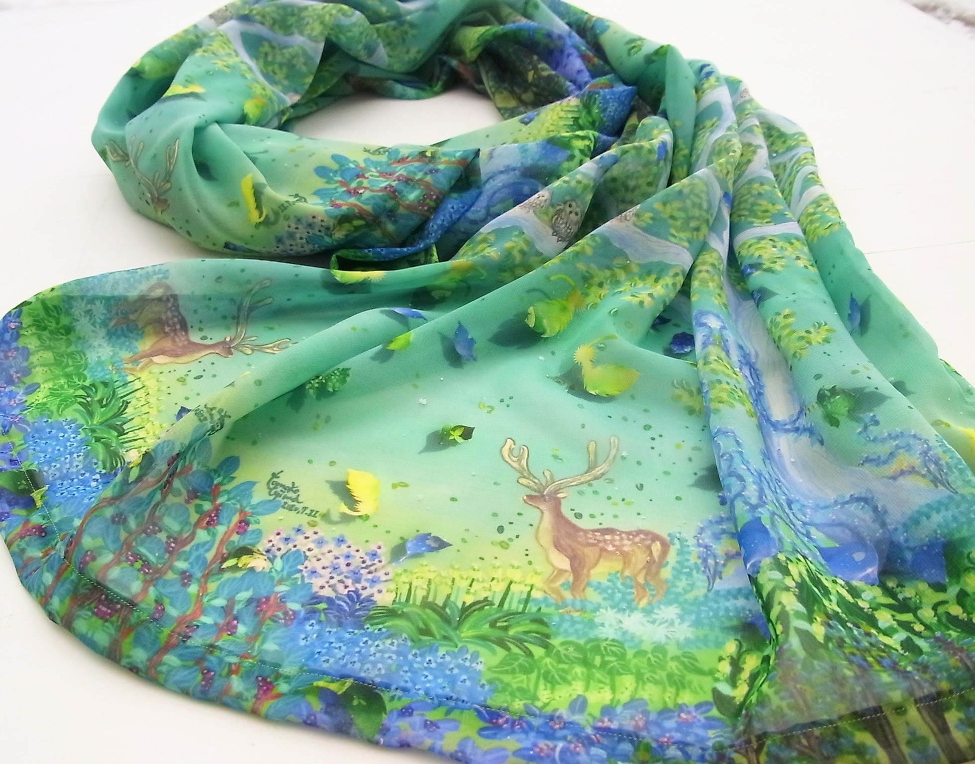 【3週間】母の日人気　シフォン水彩ストール～森のおはなし　ふくろうと鹿～