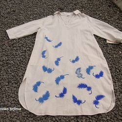 【オーダ品】青い羽舞うシャツワンピース 1枚目の画像