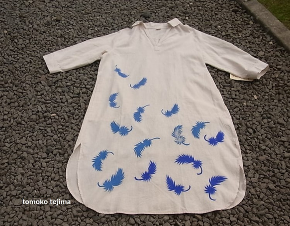 【オーダ品】青い羽舞うシャツワンピース 1枚目の画像