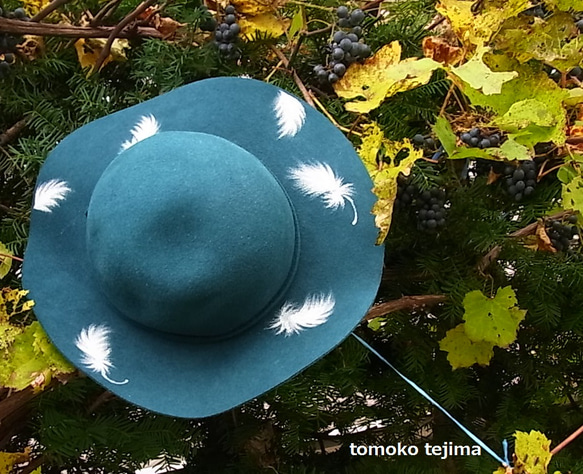 ◆SALE　羽根の落ちたきれいな青緑色の帽子　 1枚目の画像