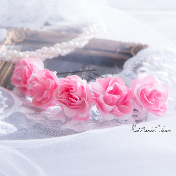 小さなパステルカラーのローズ髪飾りセット*花飾り　ヘッドドレス　ピンク 1枚目の画像